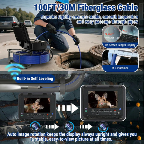 Self Leveling Sewer Borescope Camera With 9 Inch Screen 1080P HD Display IP68 Waterproof For Duct Pipe And Home Inspection Built In Light With 12 LED 32GB Card Included Transmitter Distance Counter No Hassle Setup 100ft Cable