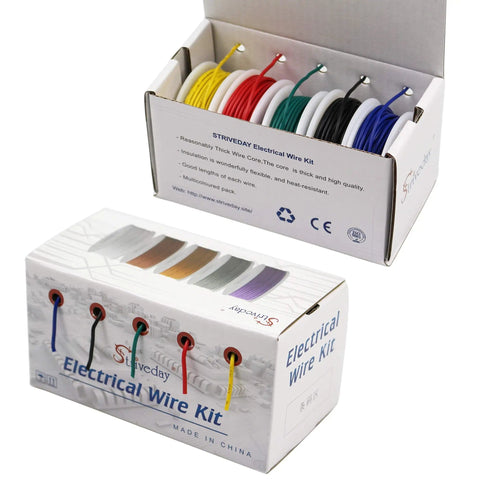 30 AWG Tinned Copper Hookup Wire Kit With Stranded Flexible PVC Insulated Cables In 10 Colors For Breadboards And DIY Electronics, visible wires in packaging