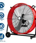 24 Inch Heavy Duty Industrial Drum Fan With 8100 CFM Beast Airflow, red steel housing, 3 speed control, wheels, tilted front view