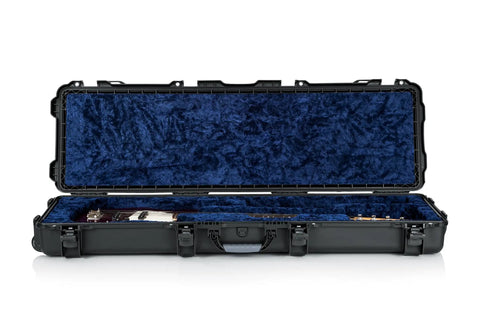 Titan Series Beefy Waterproof Bass Guitar Case for Jazz and Precision Styles IP67 Dustproof and Water Resistant Right Handed Lightweight NK-7 Resin Build ATA-300 Certified for Tough Travel open black case with blue velvet interior
