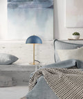 Blue Desk Lamp With Brass Accents, 15 Inch Modern Mushroom Shade, In Line On Off Rocker Switch, LED Bulb Compatible on bedroom shelf
