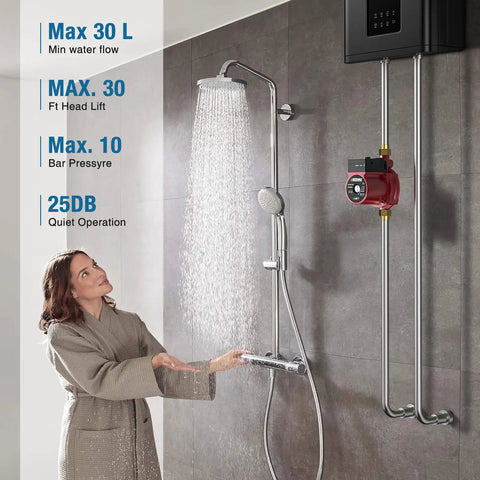 2 In 1 Hot Water Recirculating Pump 125W 110V Pressure Booster for instant flow in stylish shower setup with user demonstrating.