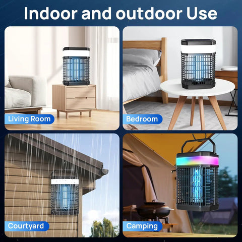 4 In 1 Bug Zapper Outdoor Portable And Rechargeable Mosquito Killer in living room, bedroom, courtyard, and camping setup.