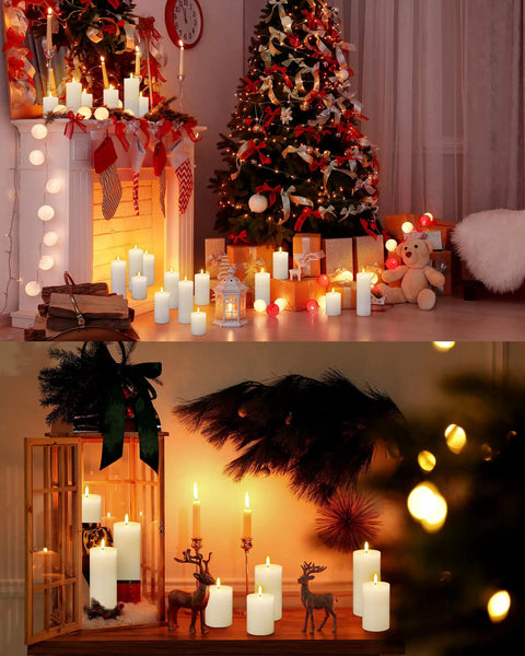 Flameless LED Pillar Candles With Remote And Timer, Battery Powered White Pillar Candles Flat Top, 10 Pack Set in holiday setting