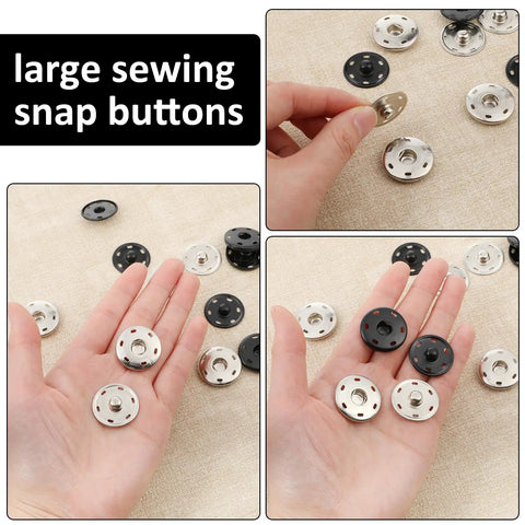 24 Sets Large Snaps For Sewing 25mm Aluminum Snap Buttons Sew On Snaps Big Press Fasteners For Clothing And Fabric In Silver And Black shown in hand