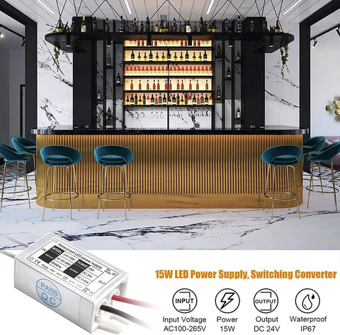 24V LED Power Supply Outdoor IP67 Waterproof 15W DC Converter for LED Strip Lights and CCTV Cameras, bar background