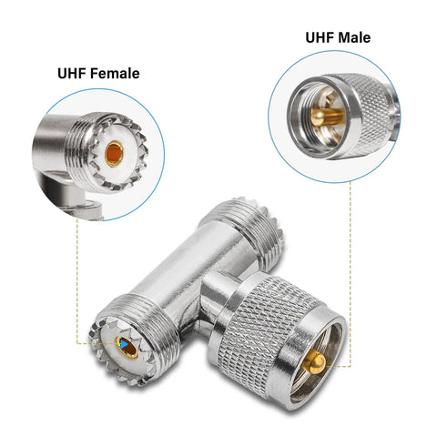 UHF Male To Dual UHF Female 3 Way Pro Grade Splitter Coax Adapter PL259 To SO239, T Shape Coax Connector for Ham Radio