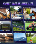 Collage showing the uses of a Lightweight 12V 22Ah LiFePO4 Battery With LCD Display And 30A BMS for outdoor activities.