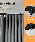 100 Percent Blackout Room Divider Curtains With Ceiling Track Set close-up showing hooks and orbital pulleys.
