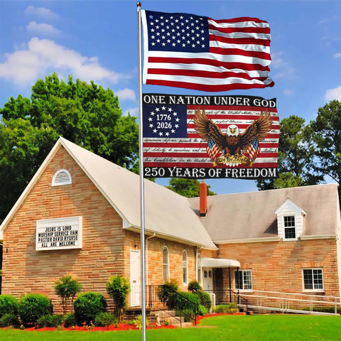 3 Ply 250th Anniversary USA Flag 3x5 Double Sided Outdoor Patriot Flag for 4th Of July We The People 1776 in front of church