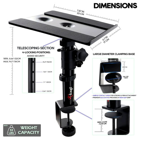 Clamp On Desk Speaker Stands For Dual Monitors, Height Adjustable Tilt, Desktop Mounts with Four Lockable Heights, Metal Platform Detail