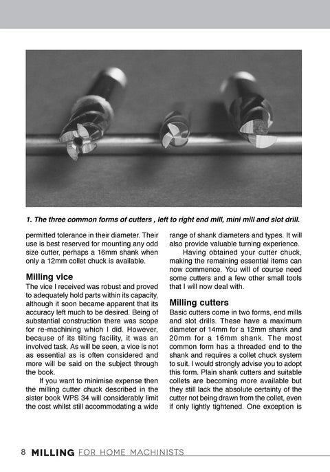 Book page from Milling for Home Machinists showing three milling cutters on a rod.