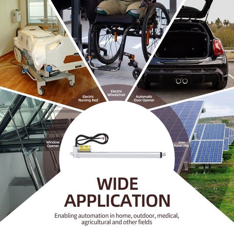 Image showing Rock Solid 18 Inch 12V Linear Actuator Handling 220 Lbs Of Push Pull Workload With Slick Rapid Cycling And Reverse Polarity Cutout Fabricated From Heavy Duty Aluminum For RV Road Trips with various applications like electric nursing bed and wheelchair.