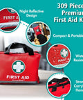 Red General Medi first aid kit bag with reflective design and white cross logo; 309-piece set