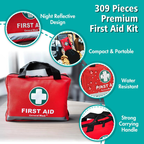 Red General Medi first aid kit bag with reflective design and white cross logo; 309-piece set