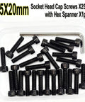 Boss Level M5 X 20mm Socket Head Cap Screw Bolts Grade 12.9 Alloy Steel Black Oxide Full Thread Hex Drive Machine Fasteners Built For The Daily Grind Includes Wrench 25 Pack in a clear container.