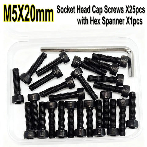 Boss Level M5 X 20mm Socket Head Cap Screw Bolts Grade 12.9 Alloy Steel Black Oxide Full Thread Hex Drive Machine Fasteners Built For The Daily Grind Includes Wrench 25 Pack in a clear container.
