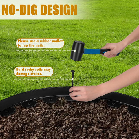 Person using mallet with 2 Inch 100 Ft Landscape Edging Kit With 150 Anchoring Spikes And 5 Connectors for garden setup