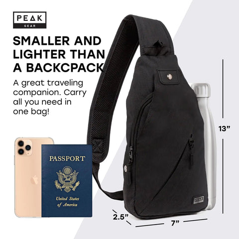 Travel Sling Bag For Daily Use, A Lightweight Crossbody That Is Slim, Compact, And Ready For Commutes Or Travel. Water resistant black bag shown with phone and passport.