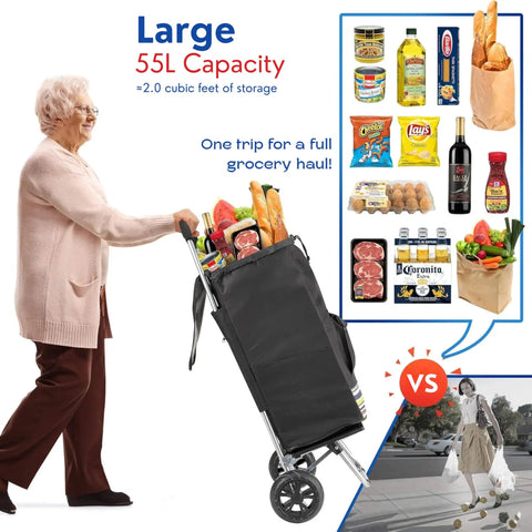 Foldable Grocery Cart With Extra Large Black Bag 220 Lb Capacity Smooth Rolling Two Wheel Trolley full of groceries