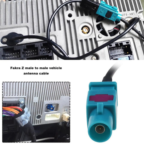 Close-up of Fakra Z Male To Male Vehicle Antenna Adapter Cable 30 cm RG174 connected to car electronics