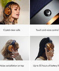 Collage of OnTrac Noise Cancelling Headphones with Eight Mics in copper finish, showcasing features like crystal-clear calls and long battery life.