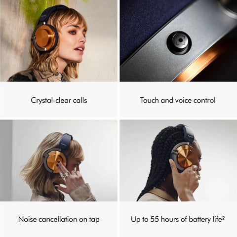 Collage of OnTrac Noise Cancelling Headphones with Eight Mics in copper finish, showcasing features like crystal-clear calls and long battery life.
