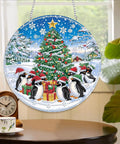 Totally Cozy Penguin Christmas Tree Sun Catcher Window Hanging DIY Double Sided Diamond Painting Pendant Kit Acrylic Diamonds Ornament For Front Door Sign And Indoor Outdoor Garden Decor 8x8 Inch with festive penguins and gifts.