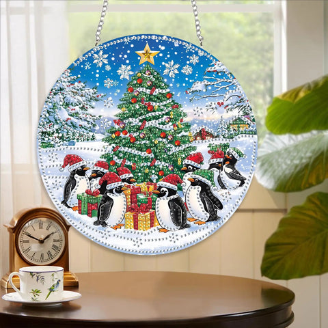 Totally Cozy Penguin Christmas Tree Sun Catcher Window Hanging DIY Double Sided Diamond Painting Pendant Kit Acrylic Diamonds Ornament For Front Door Sign And Indoor Outdoor Garden Decor 8x8 Inch with festive penguins and gifts.