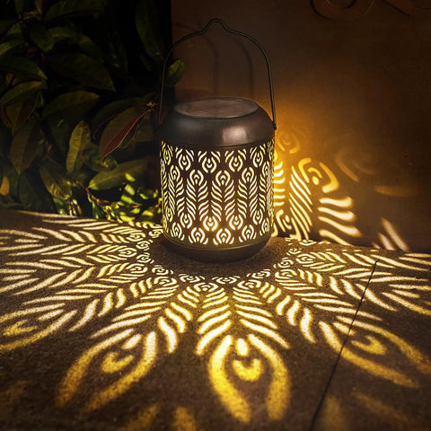 Solar Powered Outdoor Hanging Lanterns For Garden And Patio, Waterproof Landscape Lights With Warm White LED casting patterns