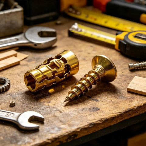 Heavy Duty Expansion Cabinet Hinge Screws 20 Piece Set With Gloves, Fix Stripped Holes In Wood Chipboard Or MDF, Deep Grip Fasteners To Stabilize Cabinet Doors And Handles For Long Lasting Hold. Brass expansion screws on a workbench