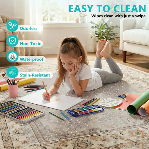 Heavy Duty Desk Chair Mat For Low Pile Carpet With Lip 48 X 60 Clear Plastic Floor Protector with child drawing on it in a room