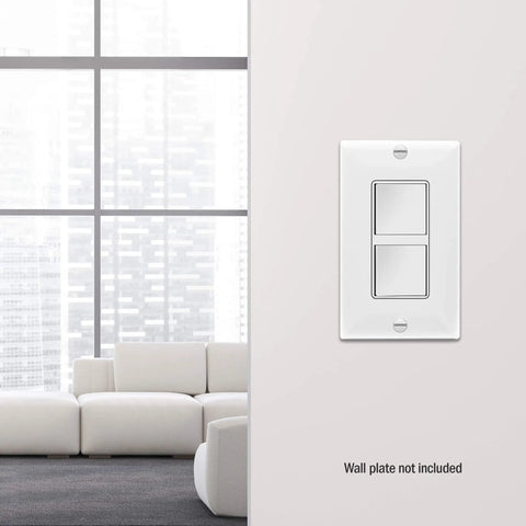 Go-To Dual Paddle Rocker Decorator Light Switch For Homes And Offices, Single Pole 15A 120-277VAC on wall, white finish.