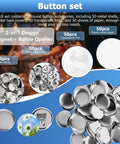Components of 50 Sets 2.25 Inch Bottle Opener Button Badges With Magnetic Backing displayed with 50pcs metal casing, back cover, and paper.