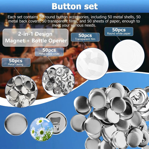 Components of 50 Sets 2.25 Inch Bottle Opener Button Badges With Magnetic Backing displayed with 50pcs metal casing, back cover, and paper.