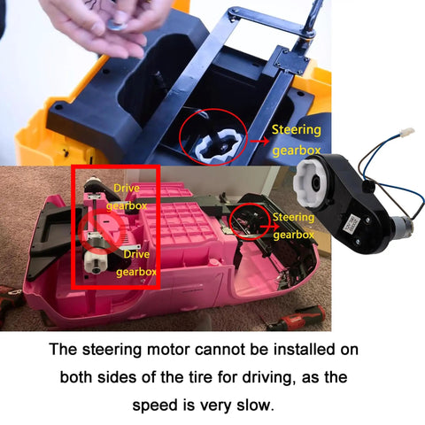 RS390 24V Steering Gearbox with Low Speed Steering Motor for Kids Ride On Cars, installation view and components.
