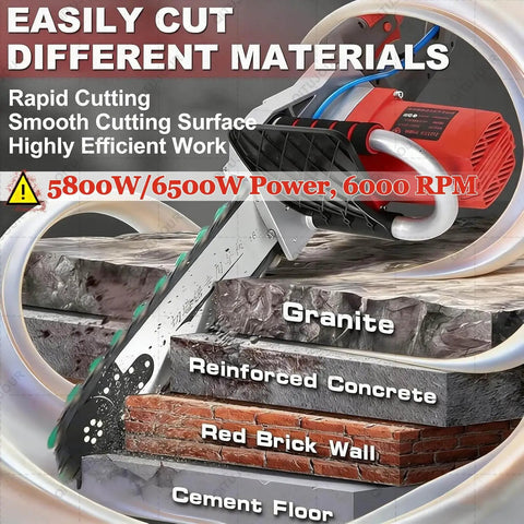 Beast Mode Electric Concrete Chainsaw For Fast Wall Cutting shown cutting granite, reinforced concrete, red brick, and cement floor.