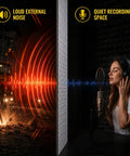Comparison of loud external noise with a construction scene and a woman recording in a quiet space.