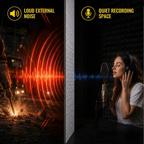 Comparison of loud external noise with a construction scene and a woman recording in a quiet space.