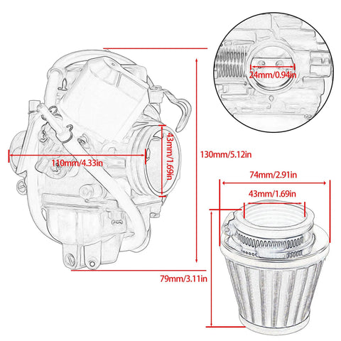 Diagram of GY6 24mm Carburetor Kit With Manifold Air Filter Ignition Plug dimensions for 125cc-150cc engines