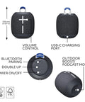 Wonderboom 4 Portable Bluetooth Speaker With Waterproof Floating Design in black featuring volume control, USB-C port, and buttons.