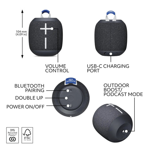 Wonderboom 4 Portable Bluetooth Speaker With Waterproof Floating Design in black featuring volume control, USB-C port, and buttons.