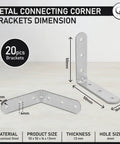 20 Pack 90 Degree Angle Brackets For Wood And Metal 1.97 Inch By 1.97 Inch By 0.63 Inch 0.06 Inch Thick Galvanized Steel L Shape Corner Brace Plates With Six 0.16 Inch Holes Screws Not Included dimensions chart