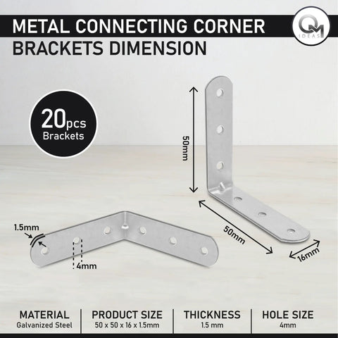 20 Pack 90 Degree Angle Brackets For Wood And Metal 1.97 Inch By 1.97 Inch By 0.63 Inch 0.06 Inch Thick Galvanized Steel L Shape Corner Brace Plates With Six 0.16 Inch Holes Screws Not Included dimensions chart