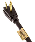 Top Shelf 10 Ft Coiled Replacement Power Cord With 3 Prong Sjt 14/3 Wire And Right Angle Plug UL Certified USA built black cable close-up.