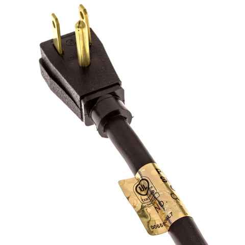 Top Shelf 10 Ft Coiled Replacement Power Cord With 3 Prong Sjt 14/3 Wire And Right Angle Plug UL Certified USA built black cable close-up.