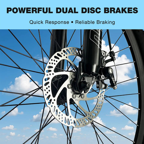 Dual disc brakes on Womens 26 Inch Mountain Bike With Shimano 21 Speed Rear Derailleur Twist Grip Shifter Dual Disc Brakes Lockout Suspension Fork Steel Frame Two Point Three Five Inch Tires Eighty Five Percent Pre Assembled Ride Ready Cyan.