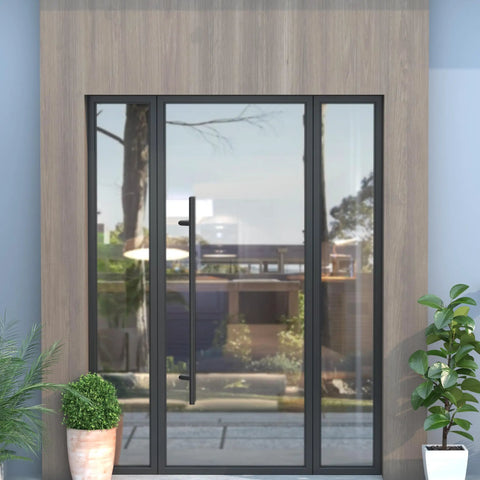 Offset Double Sided Door Pull Handle Built To Last In Matte Black 48 Inch Length 304 Stainless Steel Round Bar Ladder Style Push Pull For Heavy Duty High Traffic Entrances on glass door