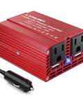 150W Car Power Inverter Converts 12V DC To 110V AC With Dual USB Ports, red aluminum body with vehicle adapter.