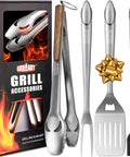 18 Inch Stainless Steel BBQ Tools Set With Tongs Spatula Fork And Brush, displayed with gift box, ideal gift for grill fans